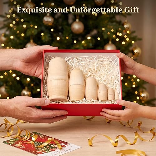 Vista 2 de Koogel Juego de 6 muñecas anidables sin pintar para niños, muñecas de anidación en blanco Matryoshka de madera para actividades de padres e hijos