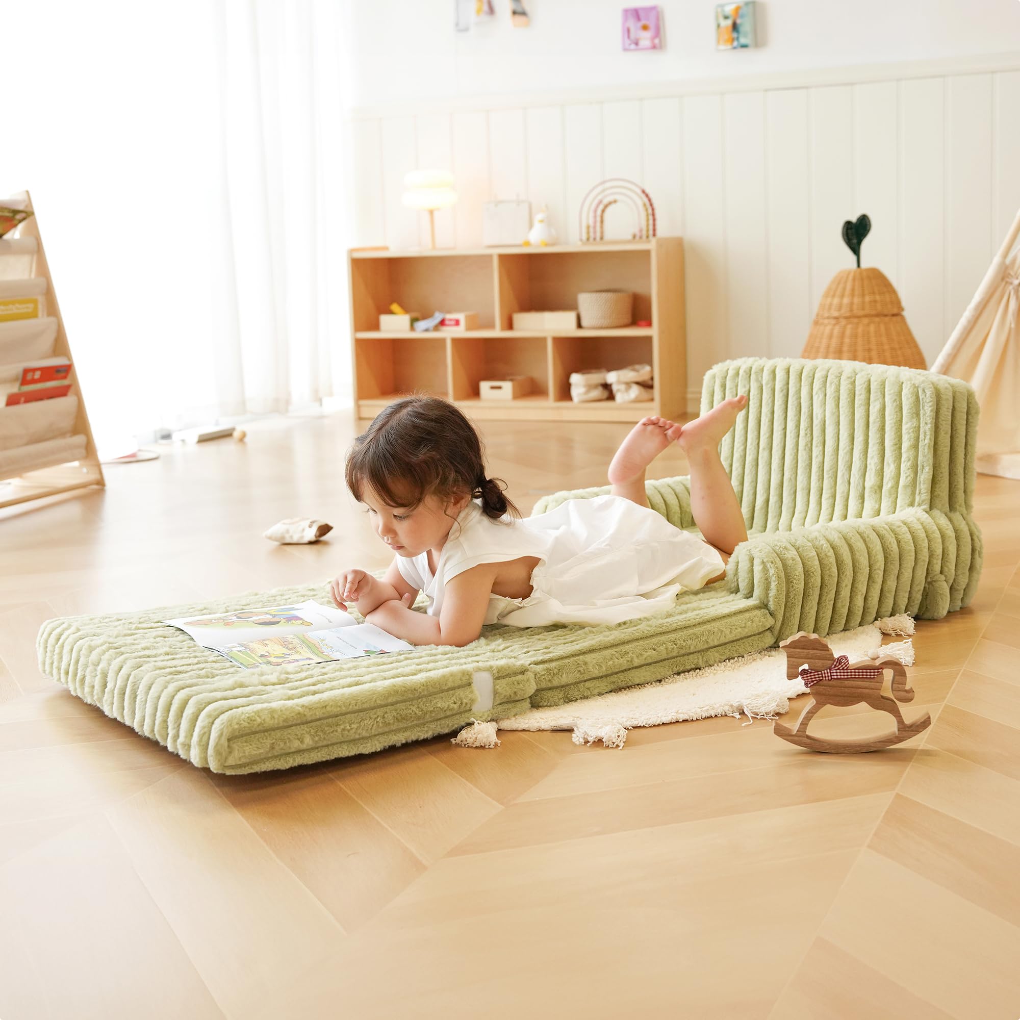 ROBUD Kinder Sofa 2-in-1 Klappsofa & Matratze – Faltbares Kindersofa mit abnehmbarem Bezug, Aufbewahrungstasche & Tragegriff - Grün