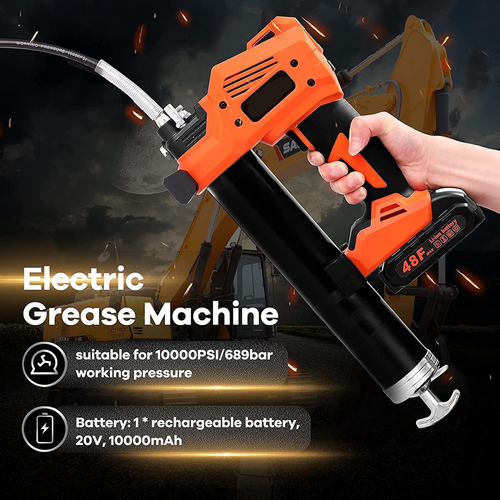 Pistola de engrase inalámbrica de 20 V, kit de pistola de engrase eléctrica, manguera a prueba de explosiones de 10000 PSI/689 bar, herramienta de reabastecimiento de aceite lubricante de alta