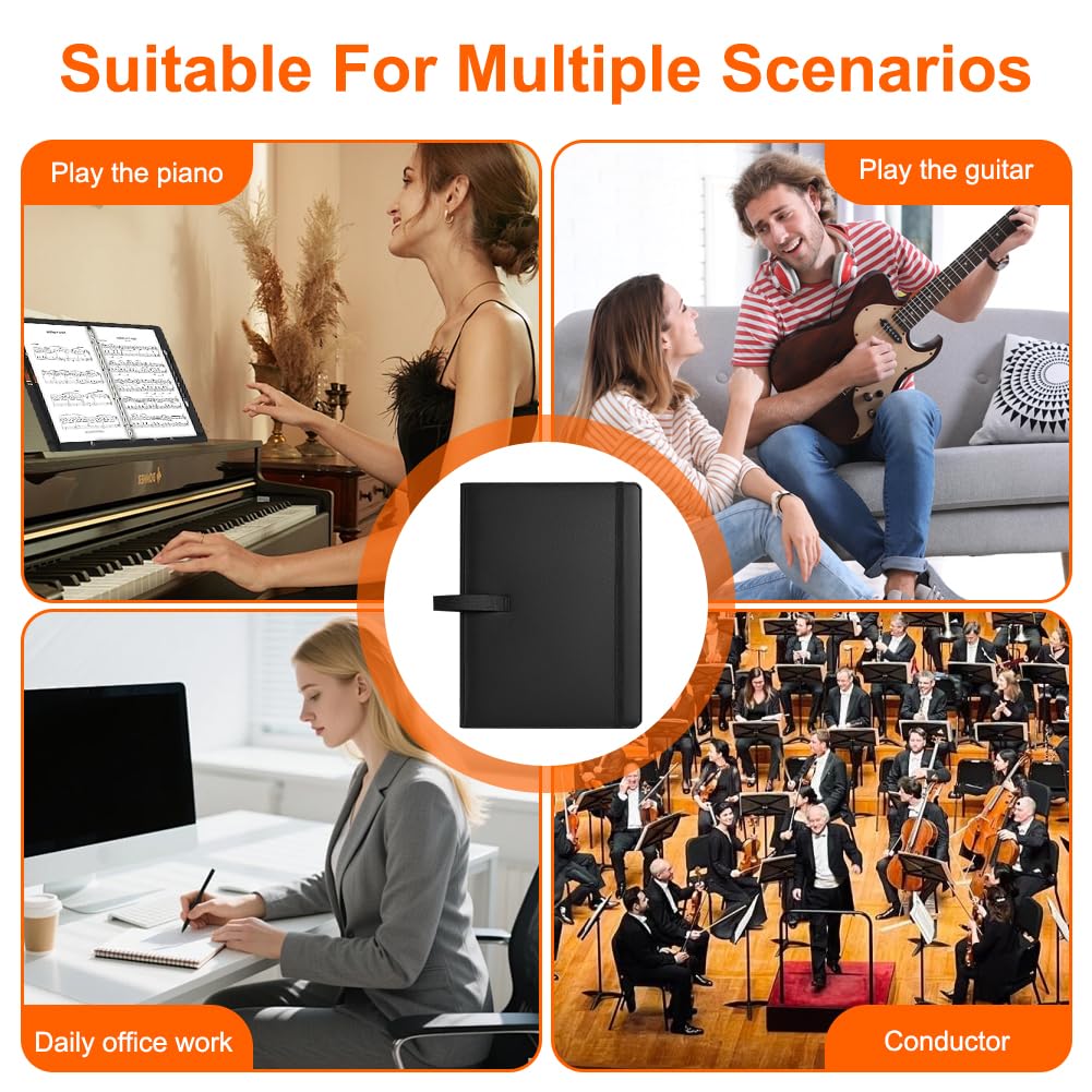 Porte-Partitions A4, Porte Partition Chorale Grand, Portes-Partition pour Feuilles avec Poche Intérieure et Dragonne, Classeur à Partition en Cuir PU avec 3 Anneaux pour Piano Guitare Violon, Noir