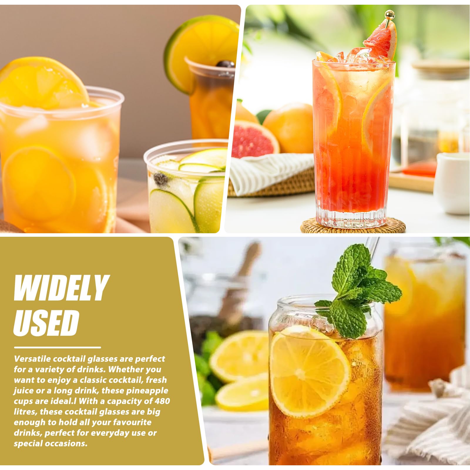 Set di 4 bicchieri di ananas: 400 ml, trasparenti da cocktail con rilievo di ananas, riutilizzabili, bicchieri da festa con 4 cannucce + spazzole di paglia, bicchieri di succo, bicchieri da