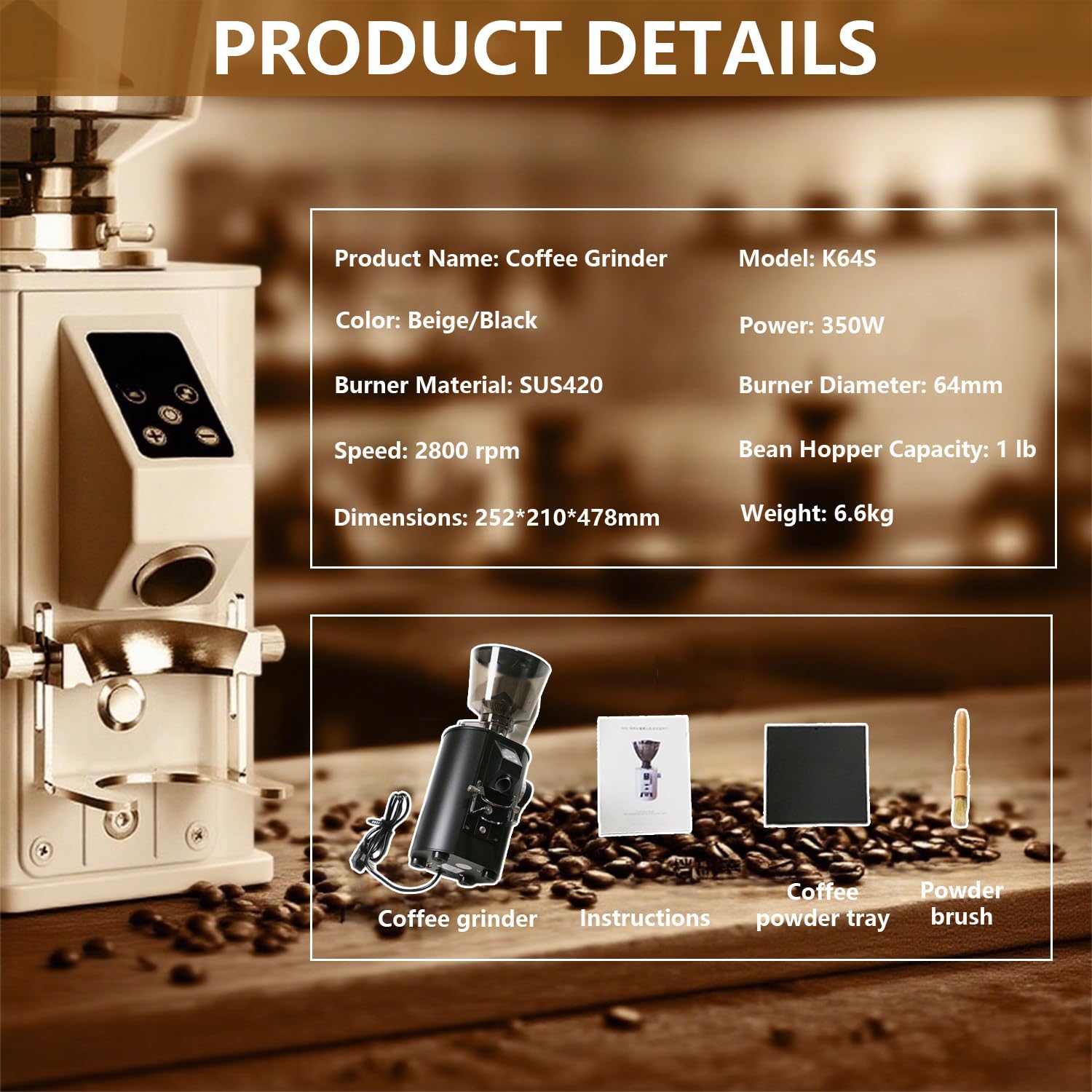Molinillo Cafe Electrico, Moledor De Cafe 350 W, 2800 RPM, Modo De Dosificación Dual, Panel De Control LED Y Tolva De 450 G, 9 Ajustes De Molienda Gruesa/Fina, para Espresso White