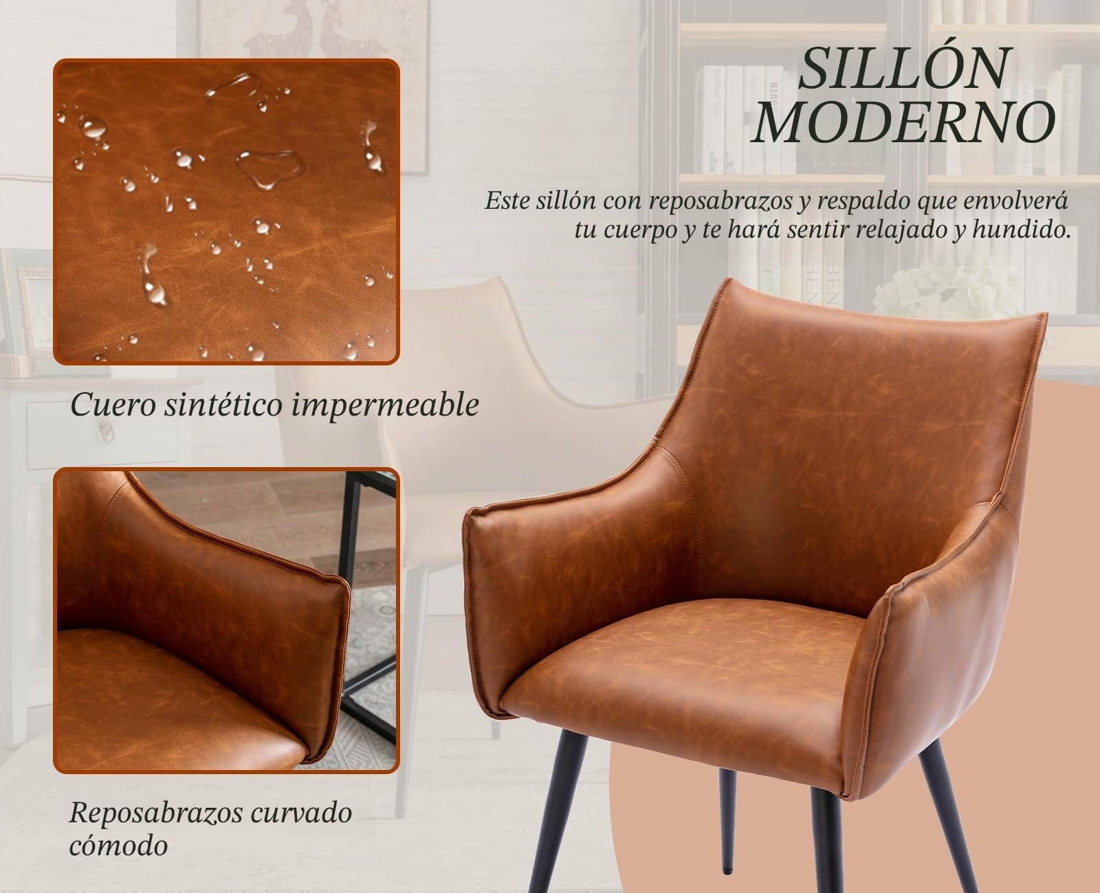 Ya-Home Sillon Lectura Individual de Cuero con Apoyabrazos, Butacas de Salón con Cojin Grueso y Patas de Metal, Silla de Salón para Hogar/Cocina/Cafe,Marrón