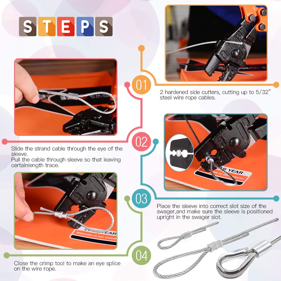 Glarks 132 pezzi 14" Long 1/16, 5/64, 3/32, 7/64, 1/8 inch Wire Rope Crimping Tool with Wire Rope Crimp Ferrules, Stainless Steel Cable Thimbles and Anti-Cutting Gloves