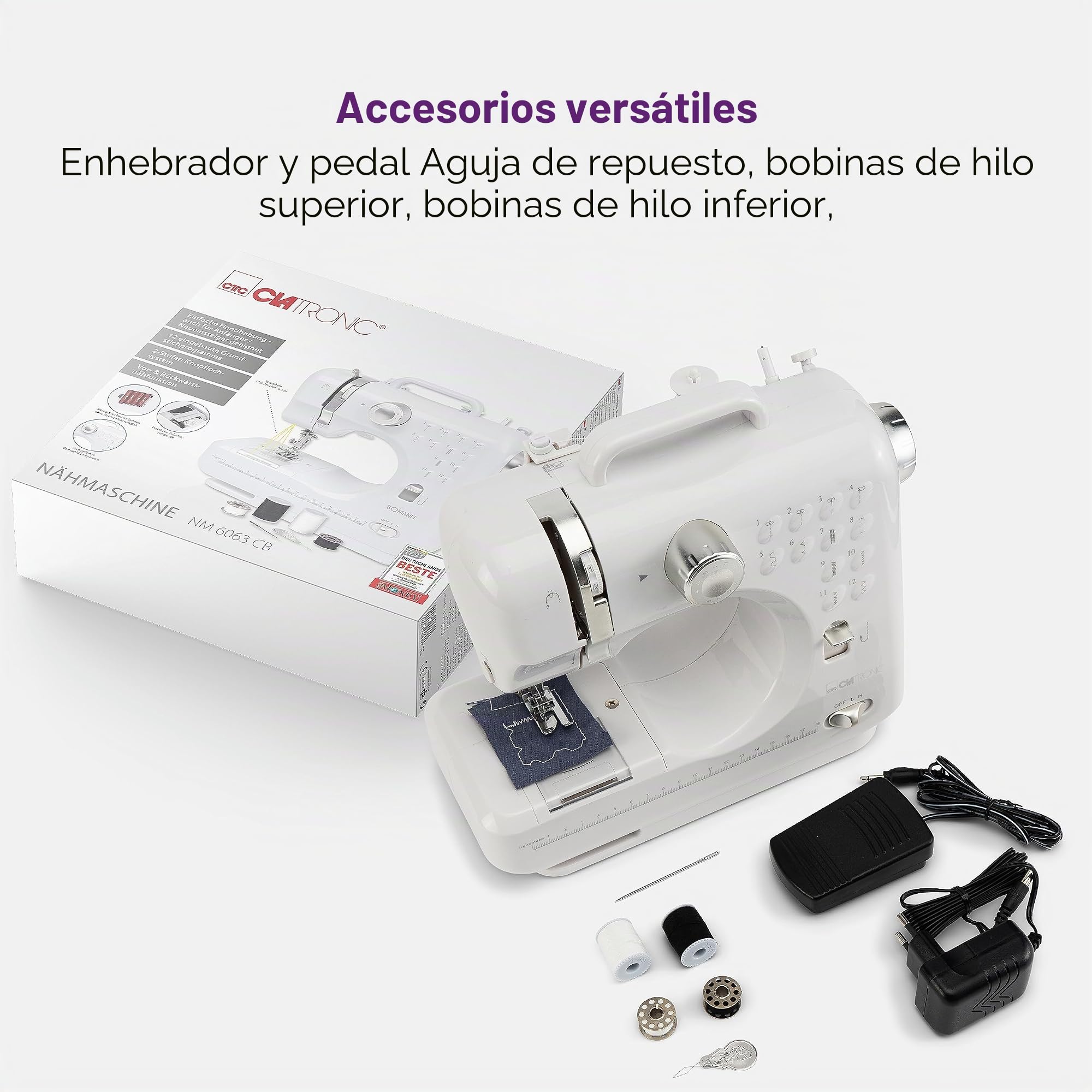 Clatronic Máquina de coser NM 3795 NM 3795 NM NM 3795 NM NM 3795 con 12 patrones de puntada, máquina de coser con función de costura delantera y trasera y 2 velocidades, funciona con baterías o red