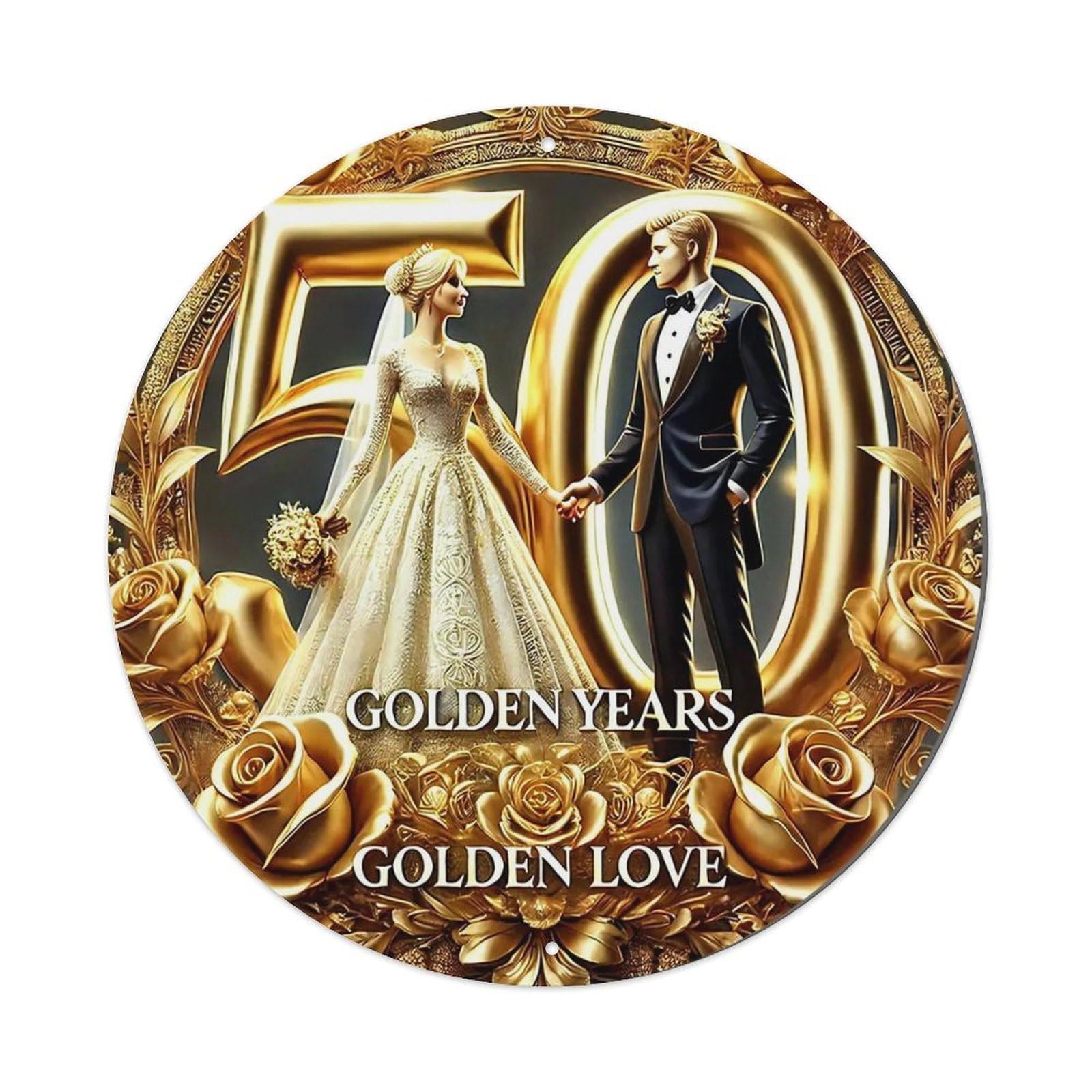 Golden Wedding Anniversary Couple Roses Round Tin Sign Vintage Metal Sign Home Bar Garden Indoor & Outdoor Wall Decor Retro Metal Poster 8x8 Inch