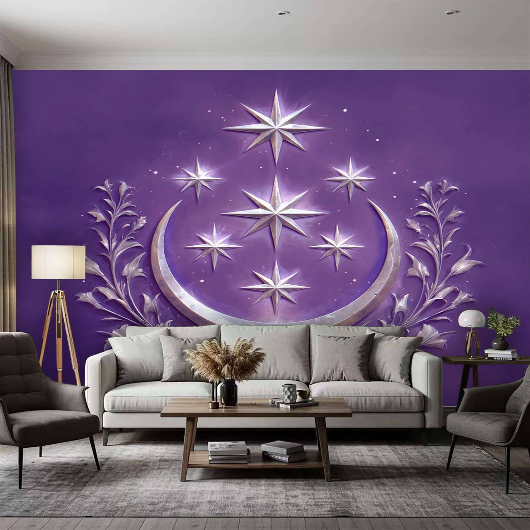 Générique Papier Peint Panoramique Lune Etoile Chambre Salon Cuisine Intissé, Papier Peint Motif Argent Violet, Deco Murale Lune Etoile, 500 x 350 cm (Largeur x Hauteur), GG3239