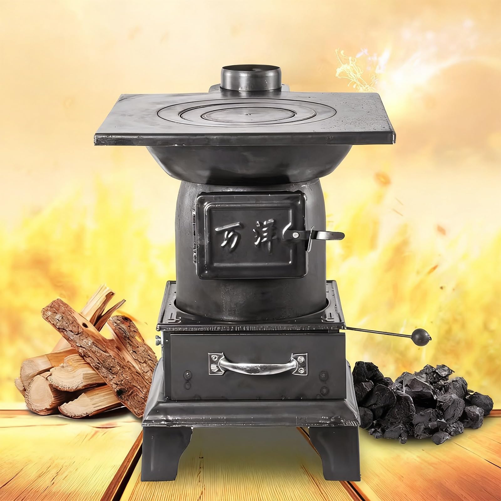 Stufa a Legna in Ghisa con Canna Fumaria Saldatura di Precisione Stufa a Razzo per Interni, Patio, Campeggio, Rifugio, Risparmio Energetico ed Efficiente(Stove+5 pipe)