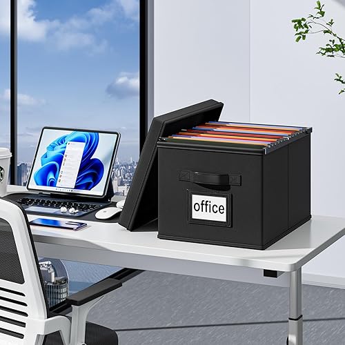 Miniatura 5 de Huolewa Caja organizadora de archivos mejorada con tapa, caja de archivos decorativa con asa, organizador de archivos colgante de lino para