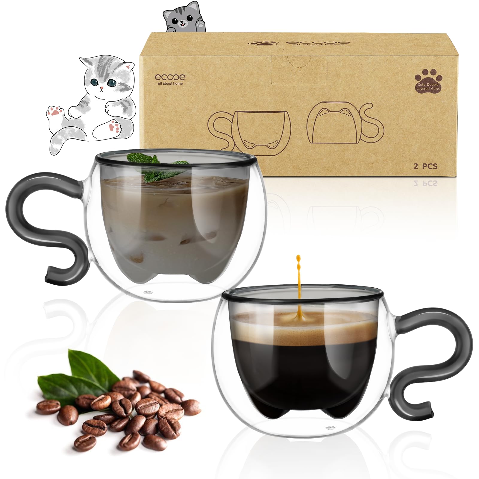 ecooe 2 Pezzi Nero Bicchieri da Caffè a Doppia Parete con Simpatico Gatto 130 ml, Regalo di Compleanno per Donne, Uomini, Mamme, Bambini, Tazza da Caffè Espresso per Caffè Freddo e Latte