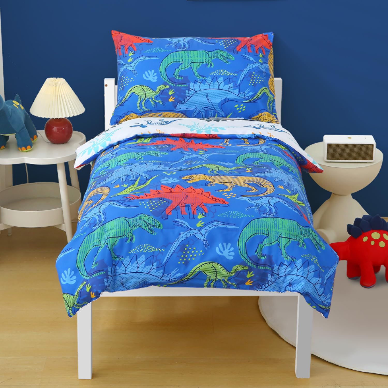 JQWUPUP Blue Colourful Dinosaurs Cot Bed Duvet Cover Set 120 x 150cm for Boys, Reversible Cute Microfibre Toddler Bedding Set with Zipper