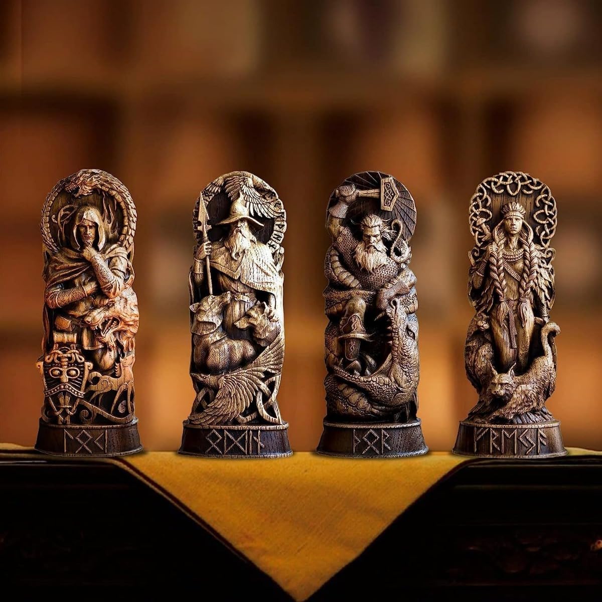 Lot de 4 statues de mythologie nordique, Thor Odin Loki Freya, statue viking pour la maison et les cadeaux, applicable à l'armoire à vin et à la bibliothèque, autel de culte, sculpture de