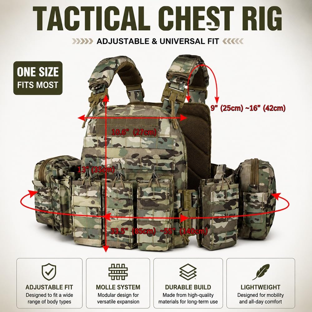 Chaleco MOLLE Ligero Ajustable,Chaleco Modular Bolsillos Desmontables Cierre Liberación Rápida Transpirable Airsoft Paintball Senderismo Actividades Aire Libre Cosplay