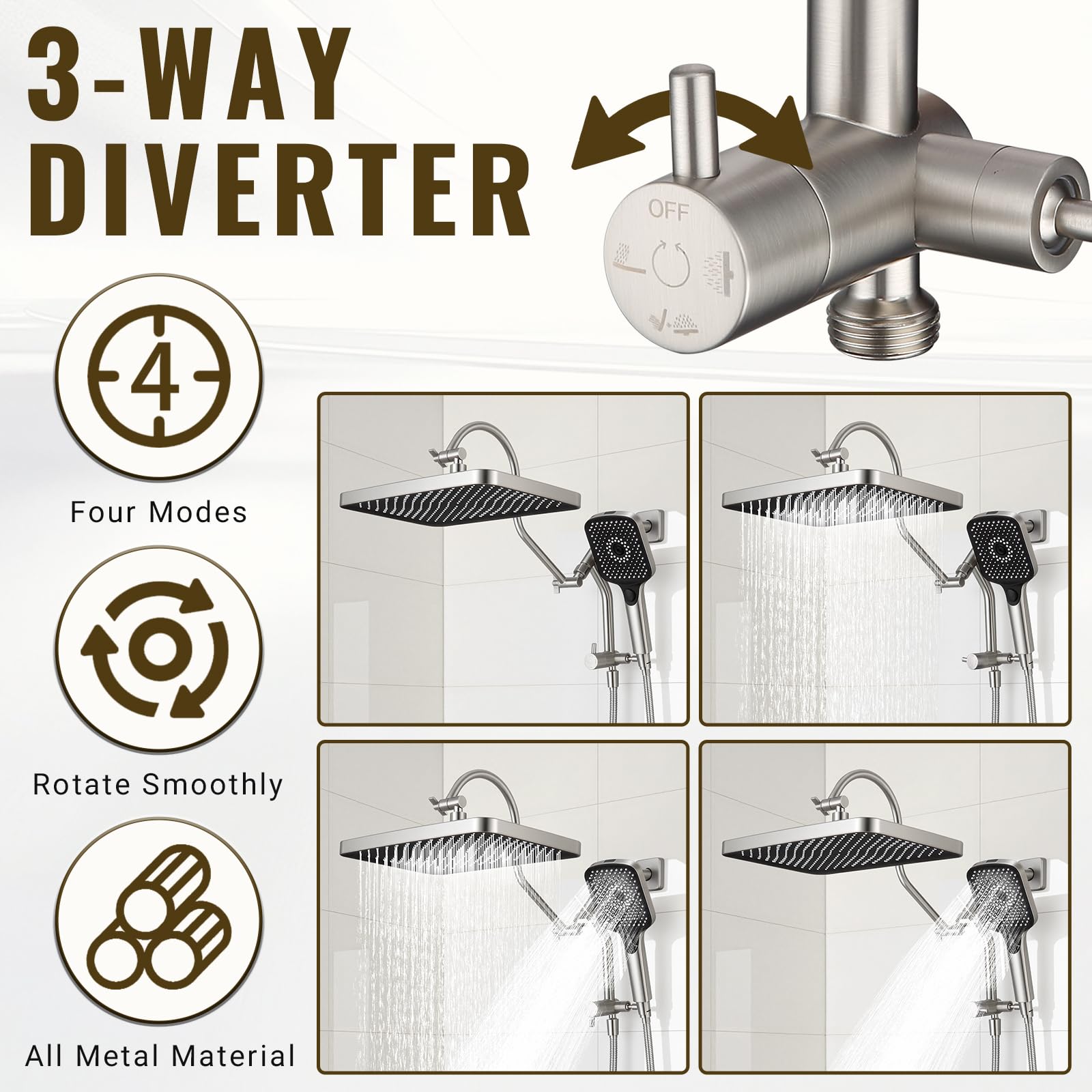 Cabezales de ducha de 13 pulgadas con pulverizador de mano multifunción, desviador extendido de metal de 3 vías con soporte y brazo de extensión de ducha curvado ajustable de metal,