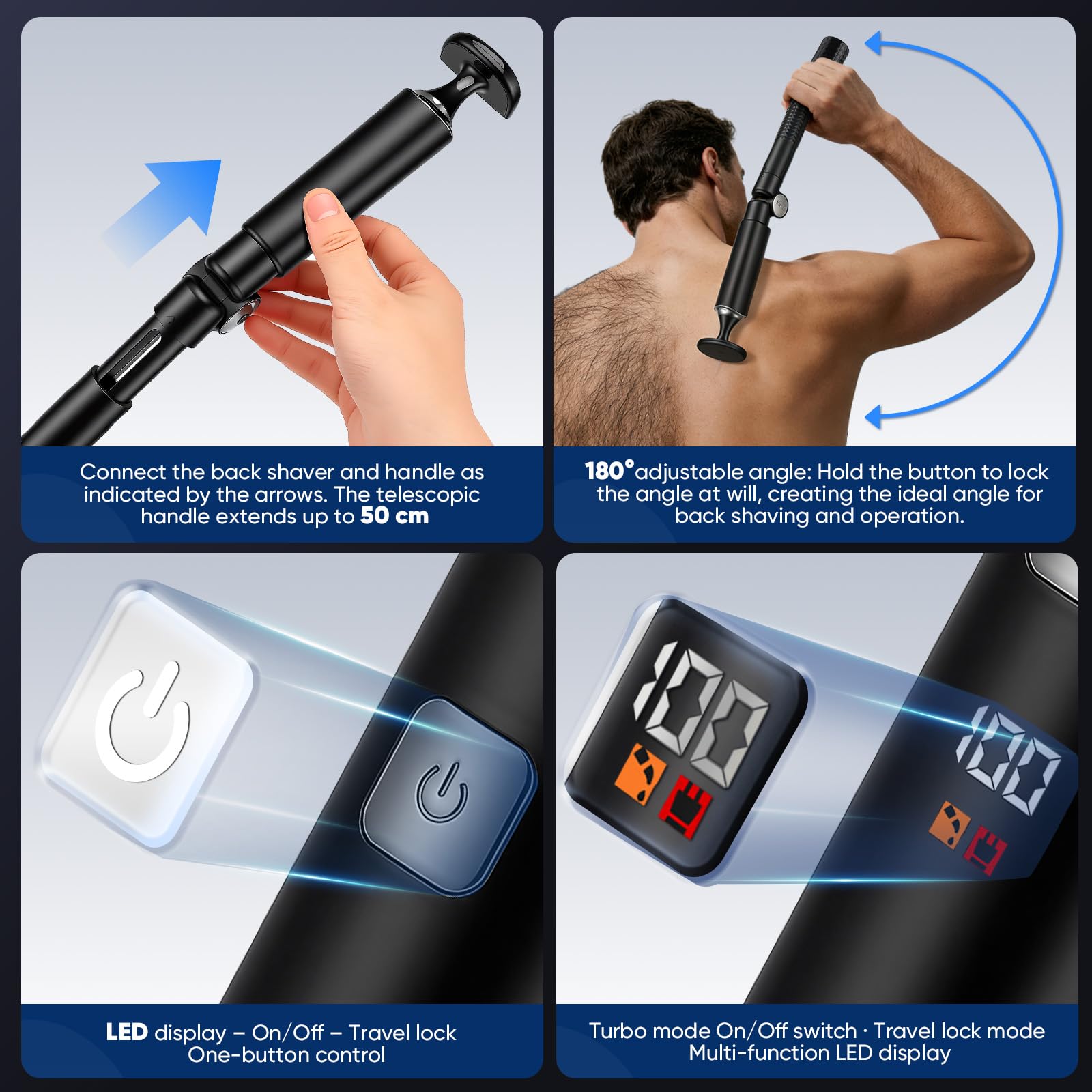 Rasoir électrique pour Le Dos pour Hommes, 5 en 1 Tondeuse Intime Homme, Tondeuse pour Hommes avec Extensible poignée, étanche IPX7 et écran LED, Tondeuse à Poils corporels sans Fil