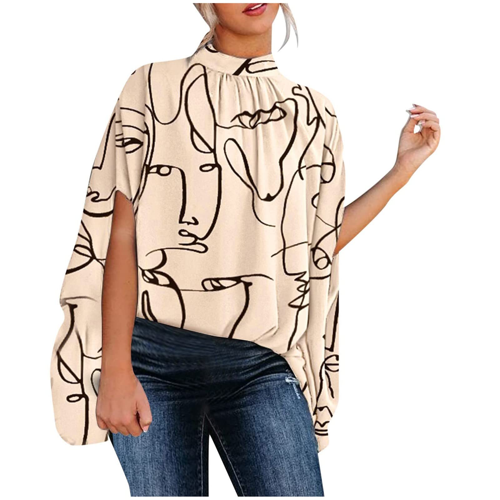 Women's Summer Round Neck Solid Color Floral Printed Bat Sleeve T-Shirt  Personality Stylish Short Sleeve Comfortable Thin Soft Breathable Top Blouse