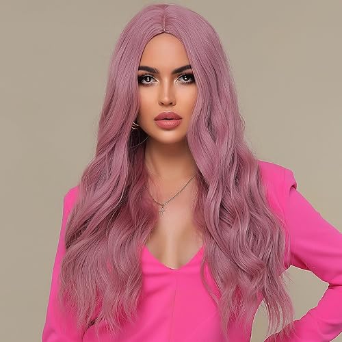 Miniatura 3 de WL-07 Peluca larga ondulada para mujer, 26 pulgadas, parte media, rizada, ondulada, de aspecto natural, peluca de fibra sintética resistente al