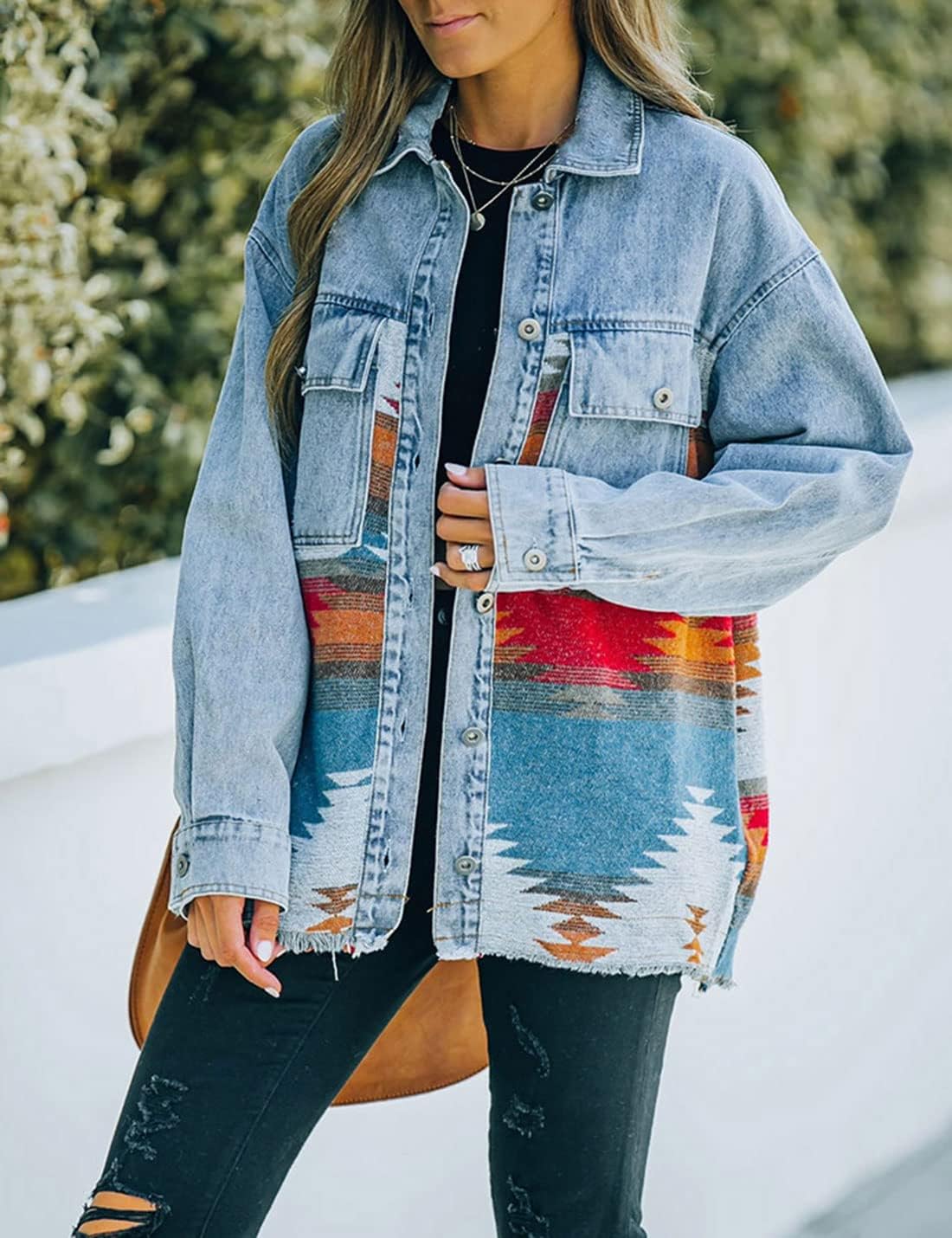happlan Aztec Denim Jacket For Women Lapel Button Down Print Shirt Coat Shacket - Image 2
