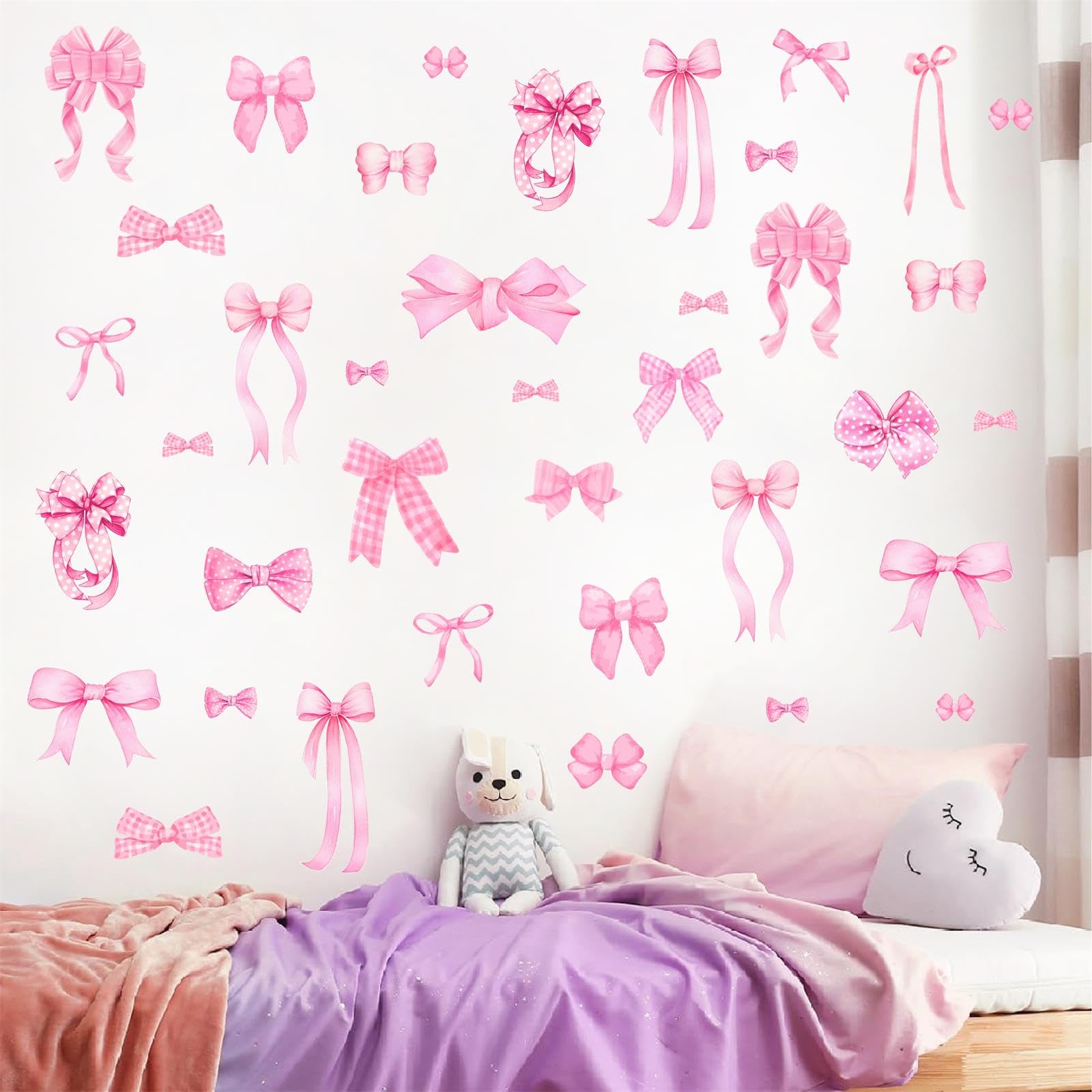 Pink Bow Wall Stickers Watercolor Girls Room Wall Decals Pink Bow Decor Bowtie Wall Sticker Decal for Nursery Peel and Stick Pink Polka Dot Wall Art Murals Wallpaper for Kids Baby Bedroom Gift - Image 2