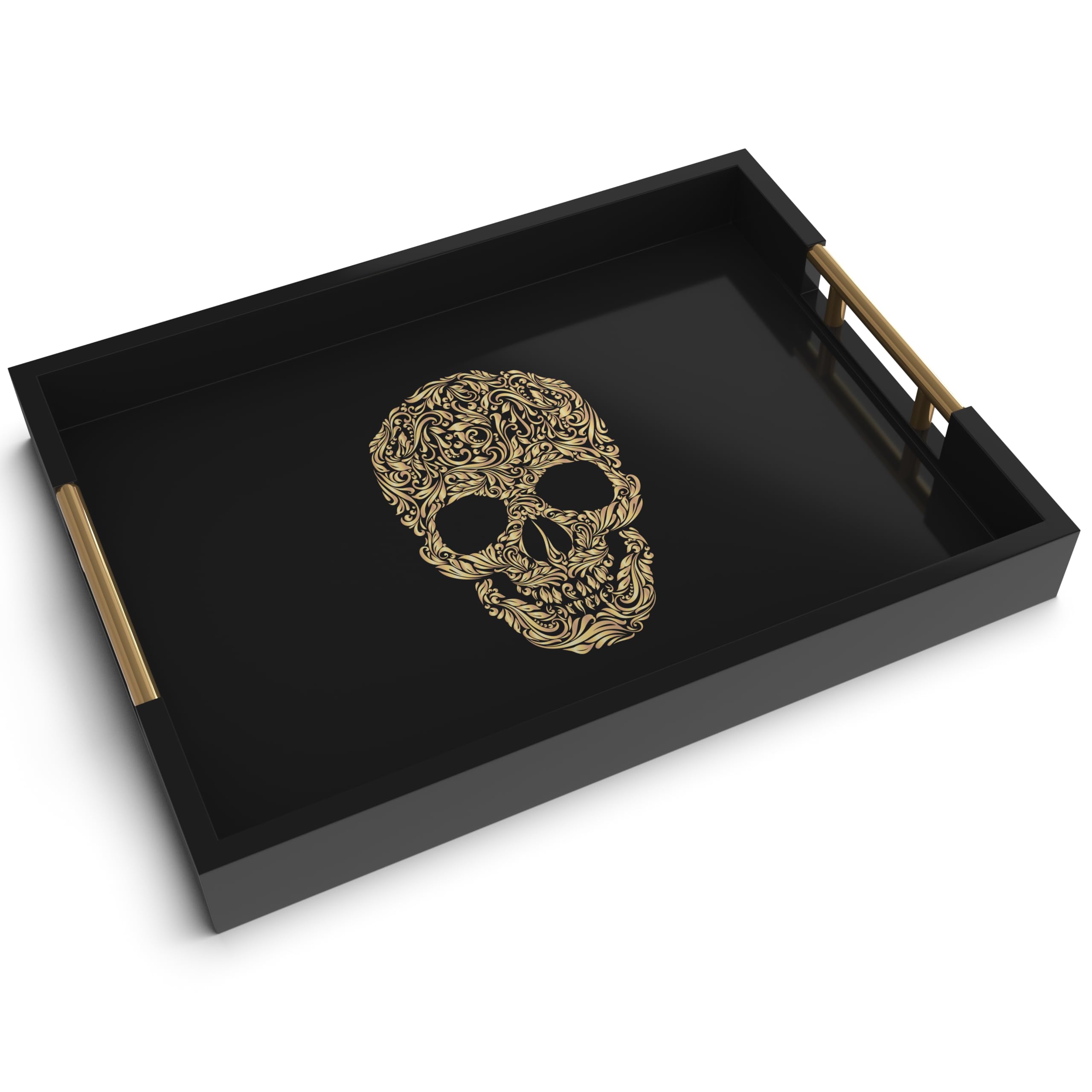 Gothic Skull Serving Tray with Gold Handles – Black Gloss Wooden Ottoman Tray for Coffee Table, Bar, or Kitchen – Elegant Gothic Decor & Unique Gift for Halloween, Horror & Alternative Style Lovers