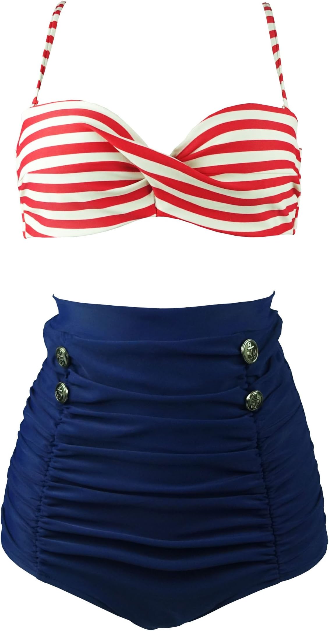 COCOSHIPRetro Polka Dot Twisted Front High Waisted Bikini Set Tie Belt Vintage Ruched Swimsuit(FBA)