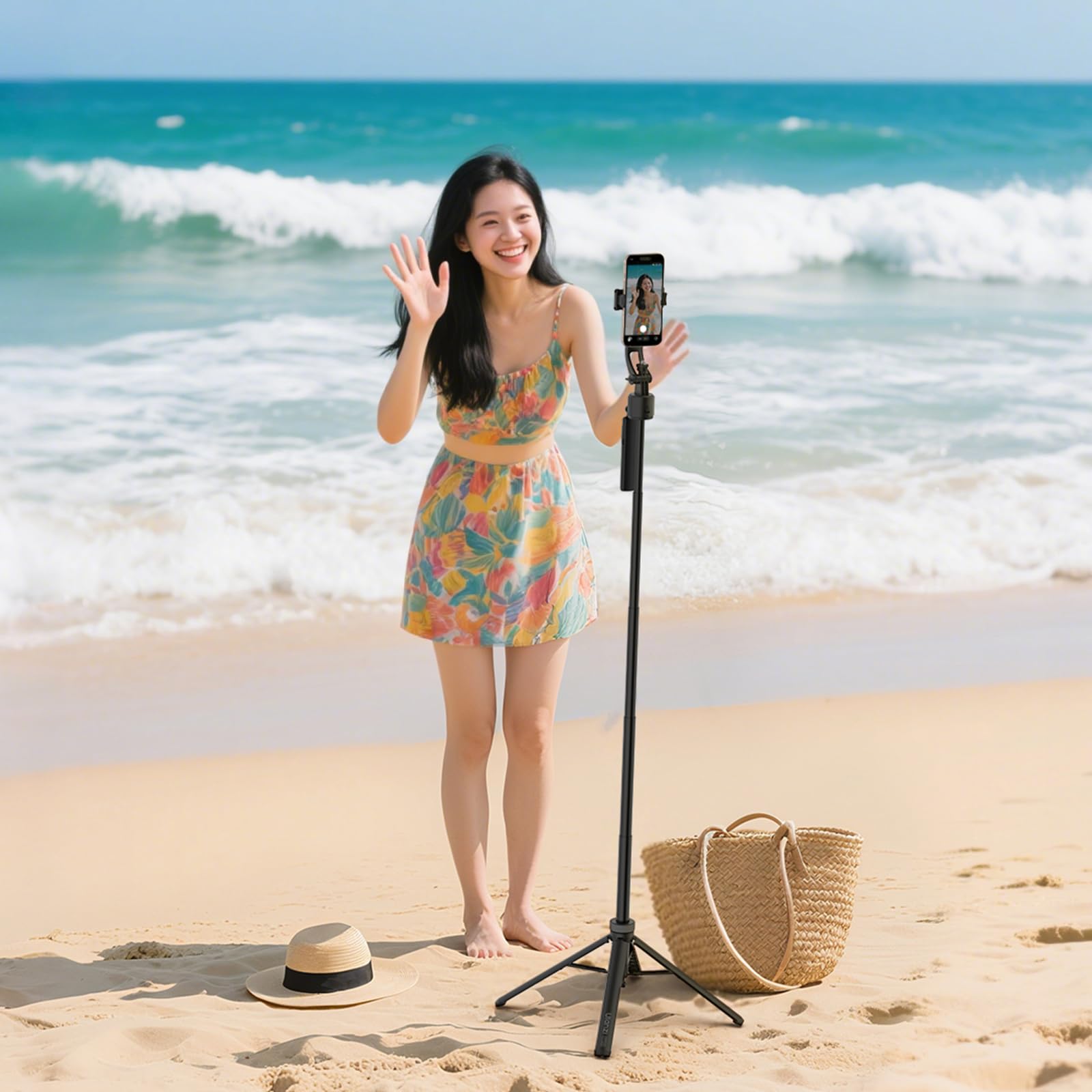 ULANZI TT23 165 cm Bastone selfie a tracciamento automatico del volto, Cavalletto per smartphone con base a 4 piedi, Rotazione 360°, Telecomando wireless, Compatibile con iOS, Android, Action Cam