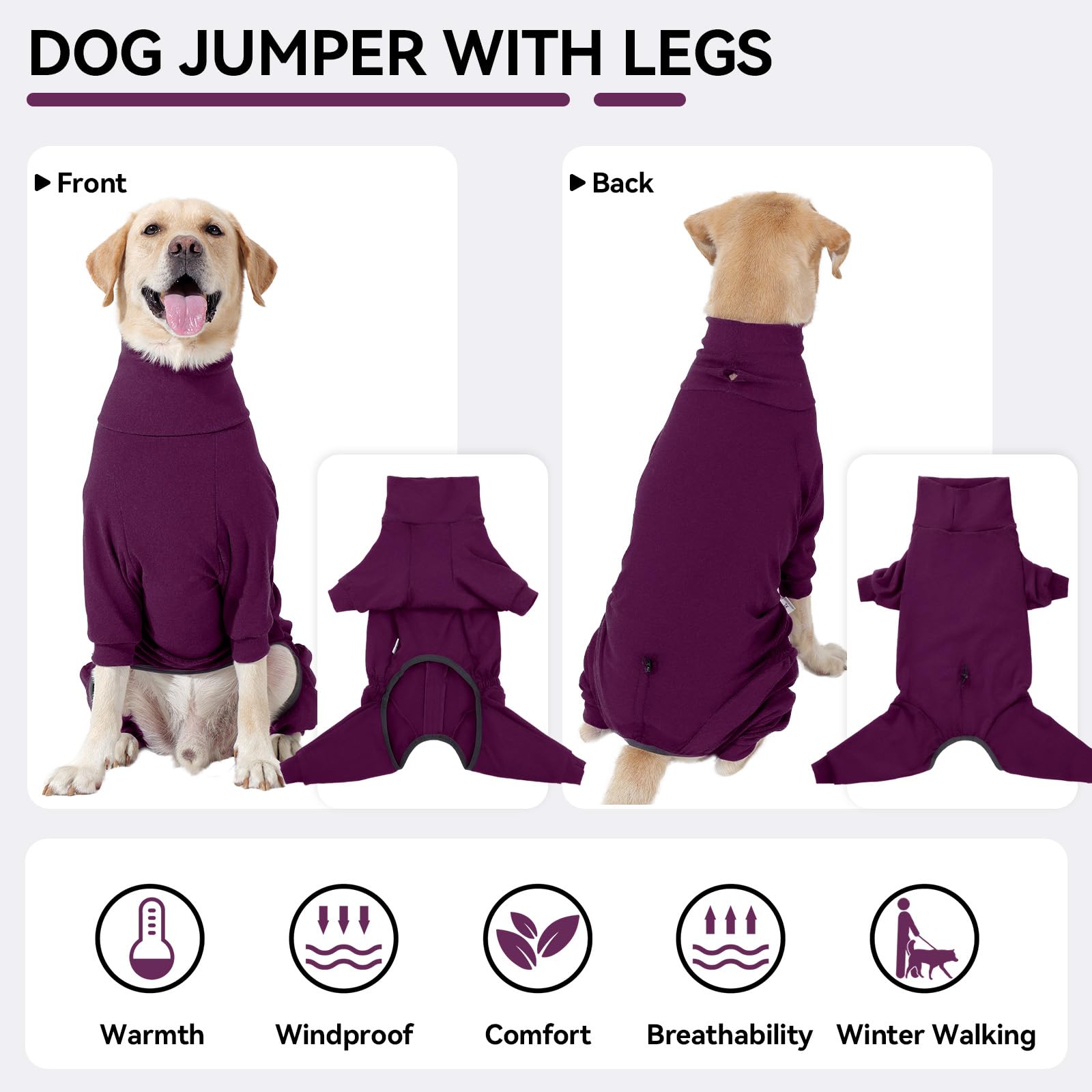Hjyokuso Dog Fleece Jumper with Legs, Soft Stretch Winter Pullover with High Neck and Adjustable Fit, Full Body Dog Pajamas - Image 2