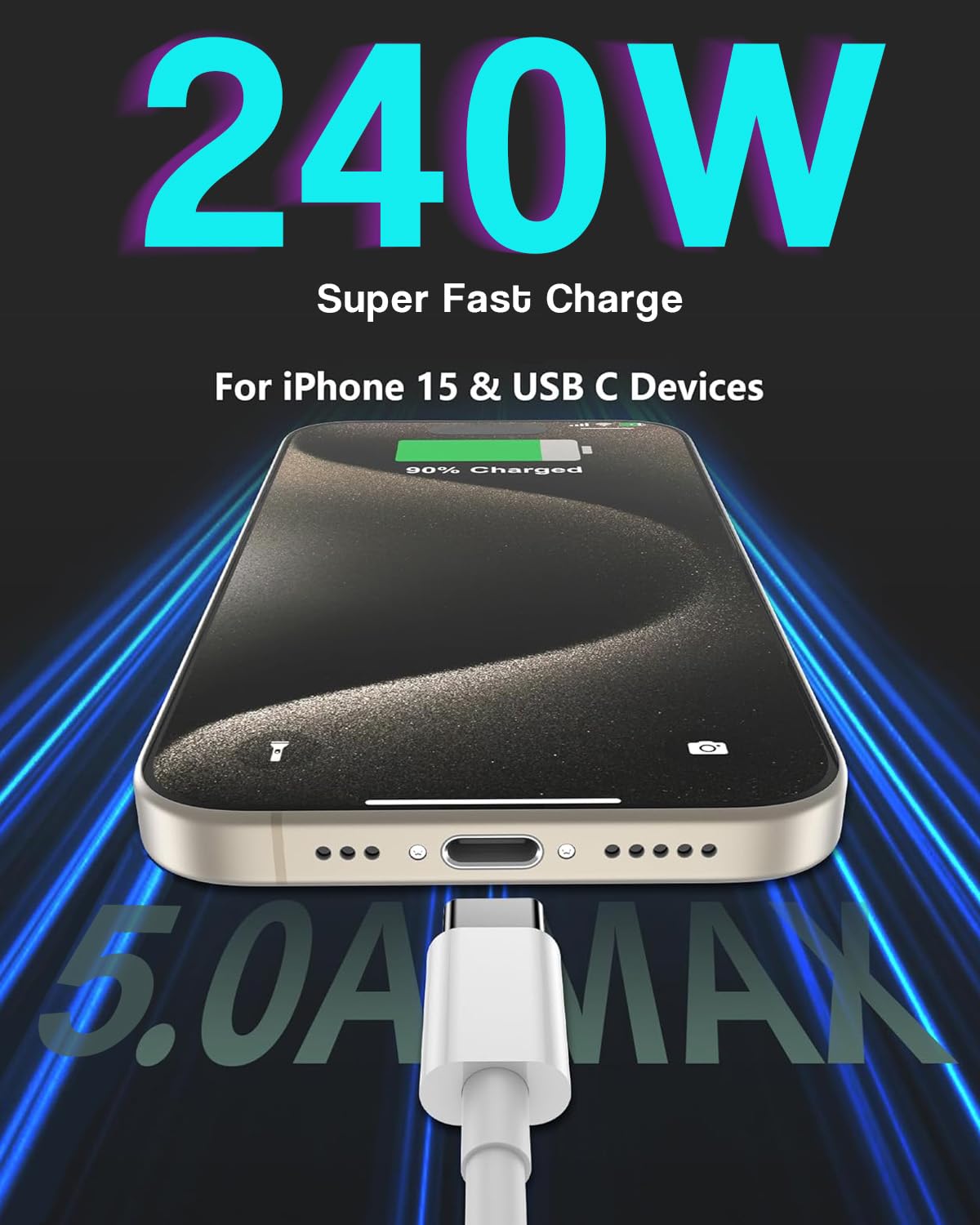 Cavo USB C a USB C, 240 W, confezione da 2 cavi da C a C da 3 m, ricarica rapida per MacBook Pro/MacBook Air, iPad Pro/iPad Air, iPhone 16 15 Pro Max Plus, Samsung Galaxy, compatibile 140W/100W/65W
