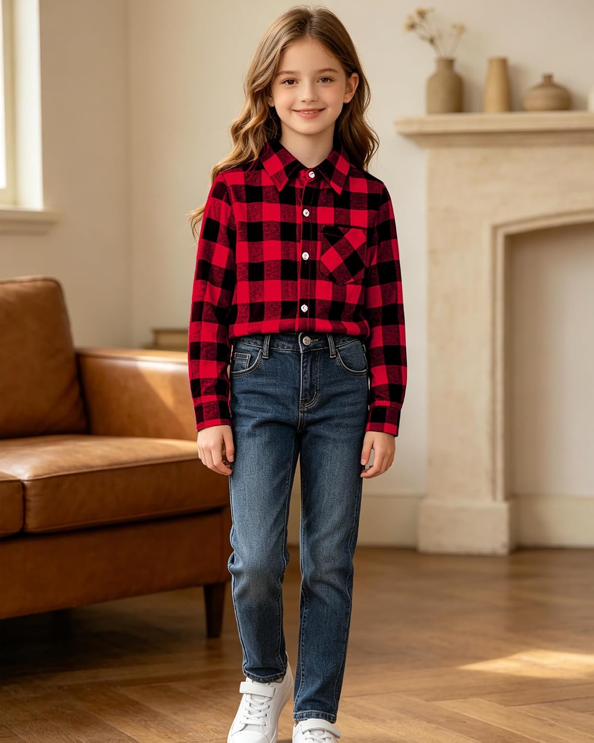 Cromoncent Girls and Womens Plaid Button Down Shirt Soft Long Sleeve Shirts Casual Flannel Blouse Top,2 Years - US 2XL