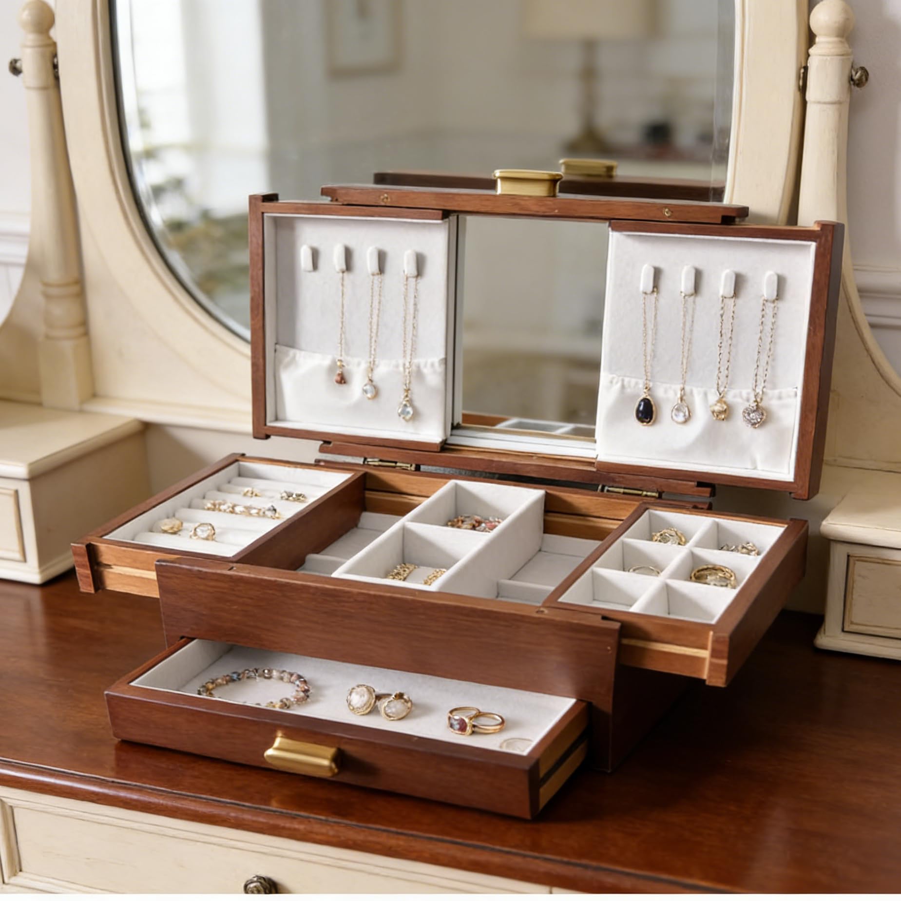 Joyero de madera maciza, joyero, anillo, collar, relojes, pendientes y otros múltiples estilos, organizador de almacenamiento, regalo para niña, esposa, madre