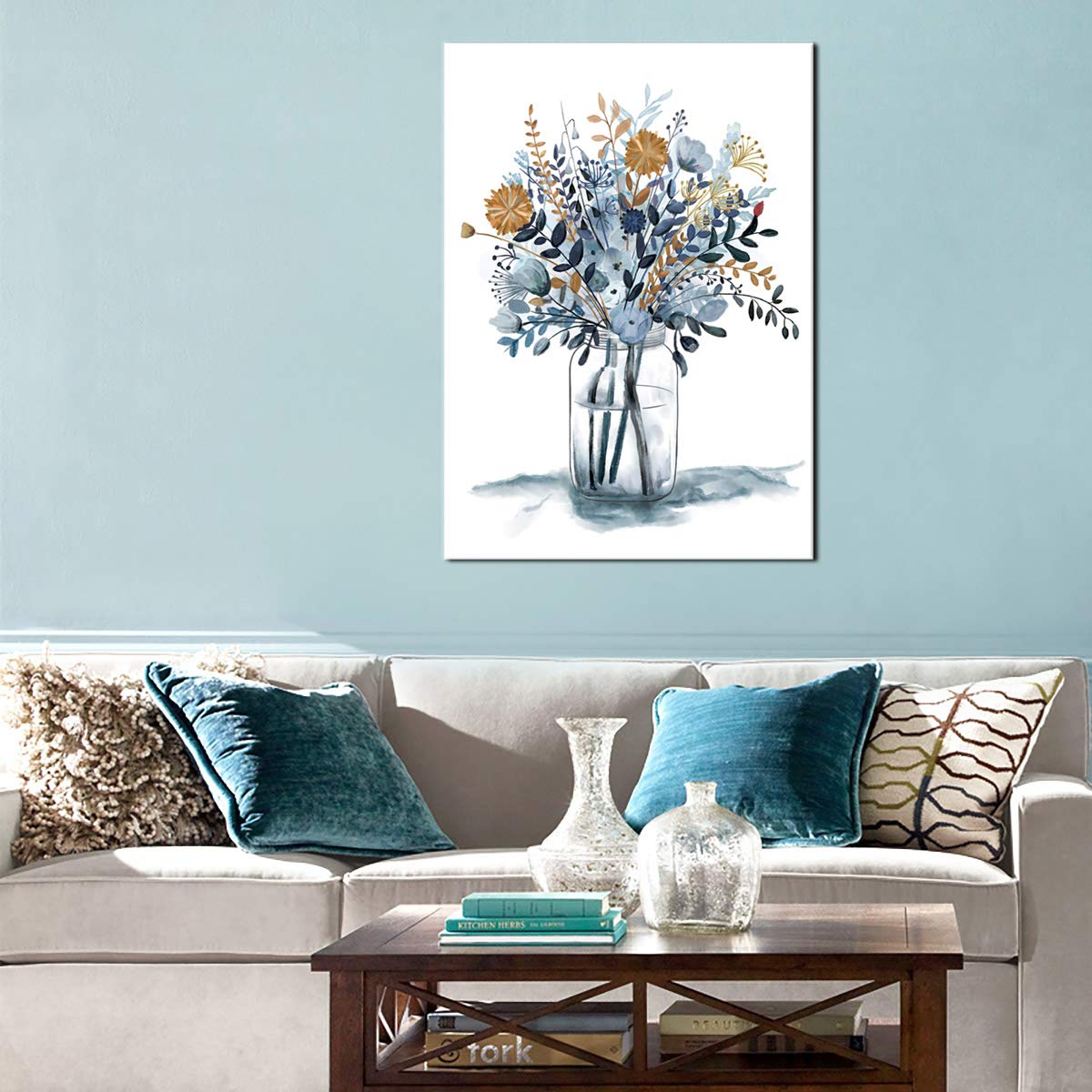 Flowers Wall Art Watercolor Canvas Pictures Bathroom Bedroom Living Room Wall Decor Blue Canvas Picture Indigo Contemporary Botanic in Jar Canvas Artwork Framed Ready to Hang 20" x 28"