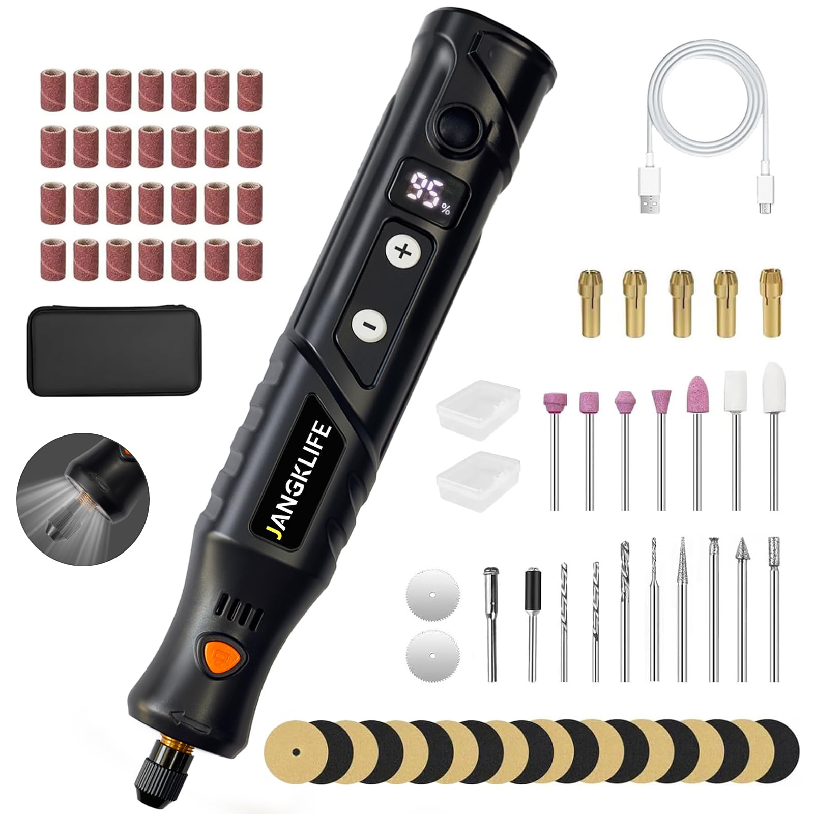 Kit di utensili rotanti senza fili con 63 accessori, 3,7 V, regolazione a 5 velocità, luce LED, display digitale, adatto per incisione, levigatura, levigatura, lucidatura, intaglio, incisione e