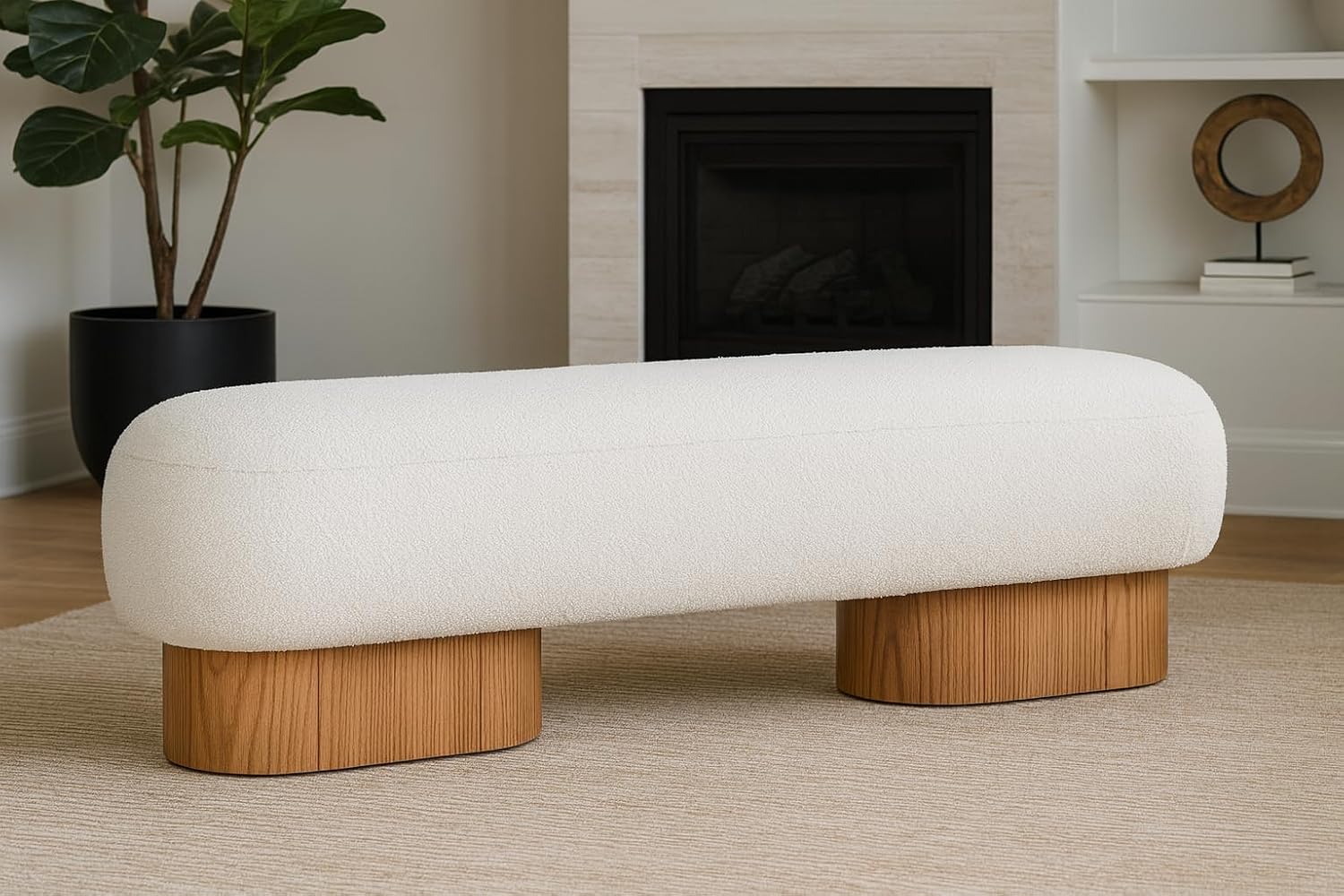 Meridian Furniture 22003Cream Robertson Collection Art Deco Bench with Luxurious Cream Boucle Fabric and Rich Walnut Finish, 60.5" W x 18" D x 16" H, Cream