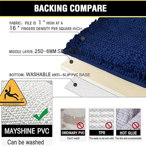 Miniatura 9 de Alfombras de baño de felpilla súper suave, absorbente, con parte inferior antideslizante de PVC duradero, lavable a máquina (24 x 16 pulgadas, azul