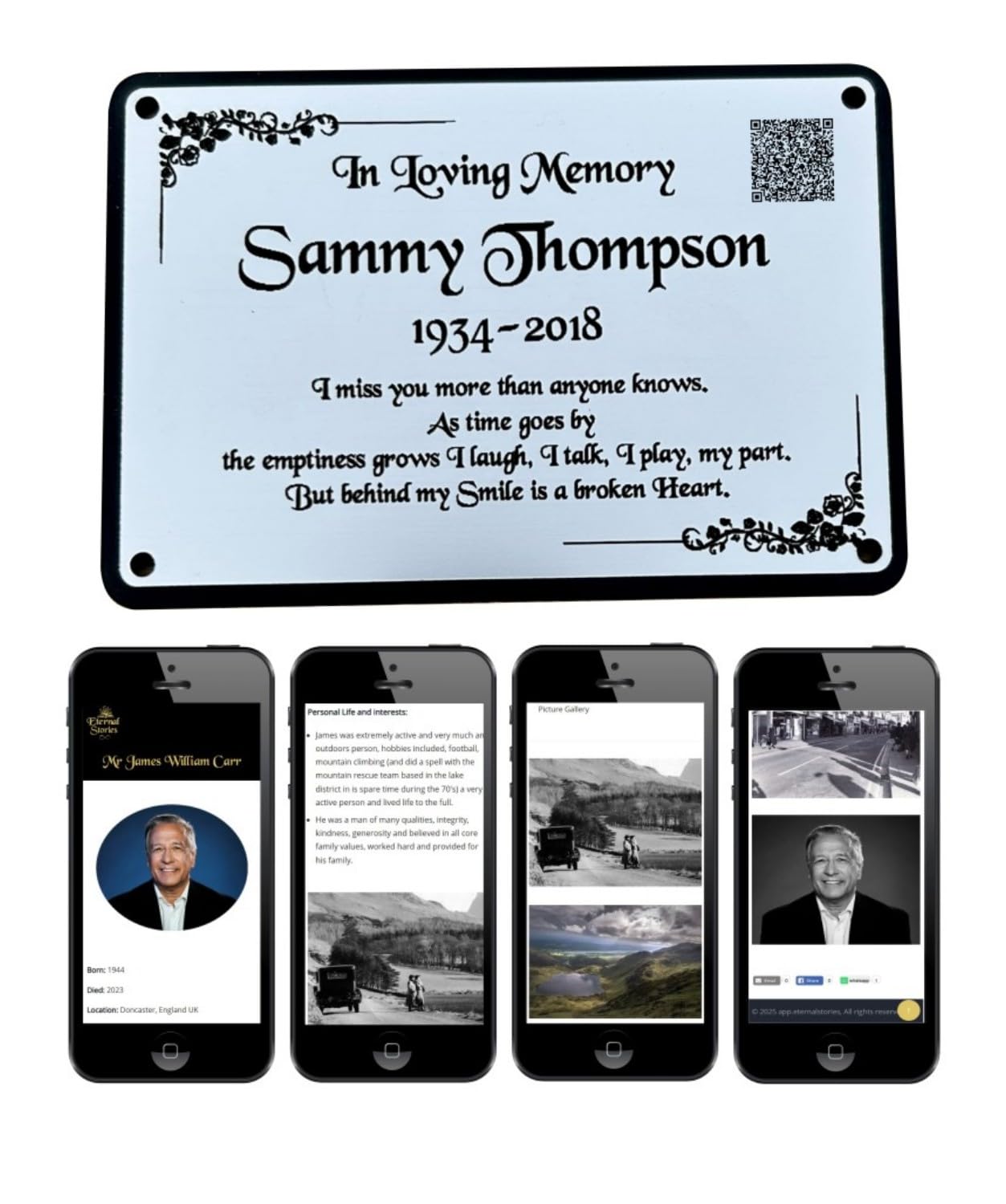 Personalised Memorial Plaque, 6x4 Engraved Bench Plaques, Includes Digital Tribute Page, QR Code, Engraved Tree Sign, Gold, Weatherproof (Silver)