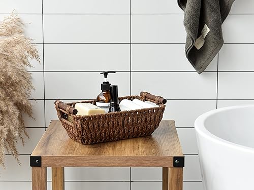 Miniatura 3 de StorageWorks Cestas de mimbre pequeñas tejidas a mano, cestas redondas de almacenamiento de cuerda de papel con asas de madera, marrón oscuro,