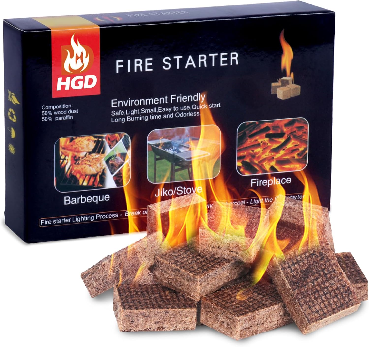 HGD Fire Starter, Natural Fire Starters for BBQ, Campfire, Fireplace, Charcoal, Wood Stove, Chimney, Fire Pit, Grill, Smoker, Indoor Outdoor Use