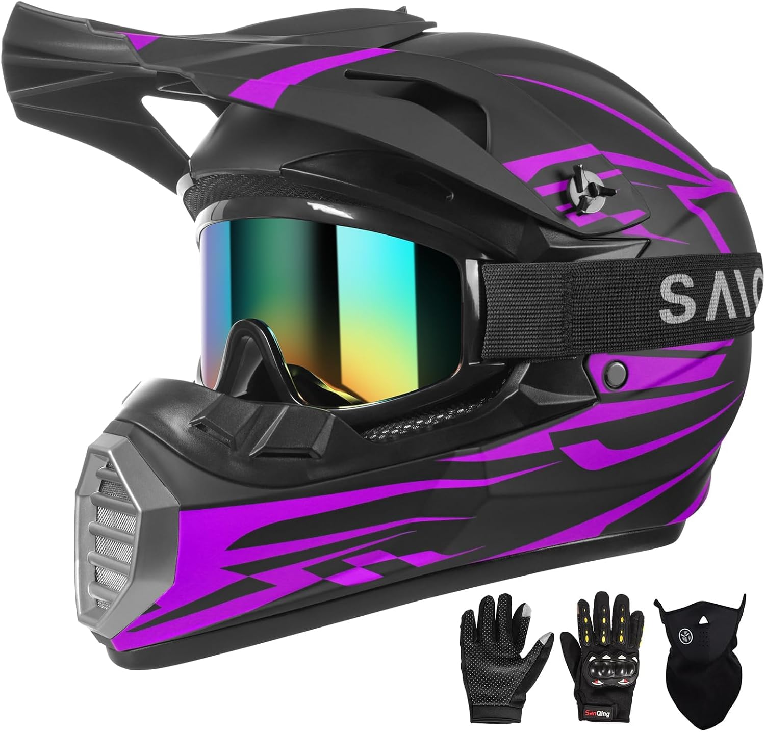 DOT Approved Youth Kids Motocross Helmet - Ultra-Lightweight Full Face Dirt Bike/ATV Helmet with Goggles, Gloves & Face Shield (4-Piece Set)