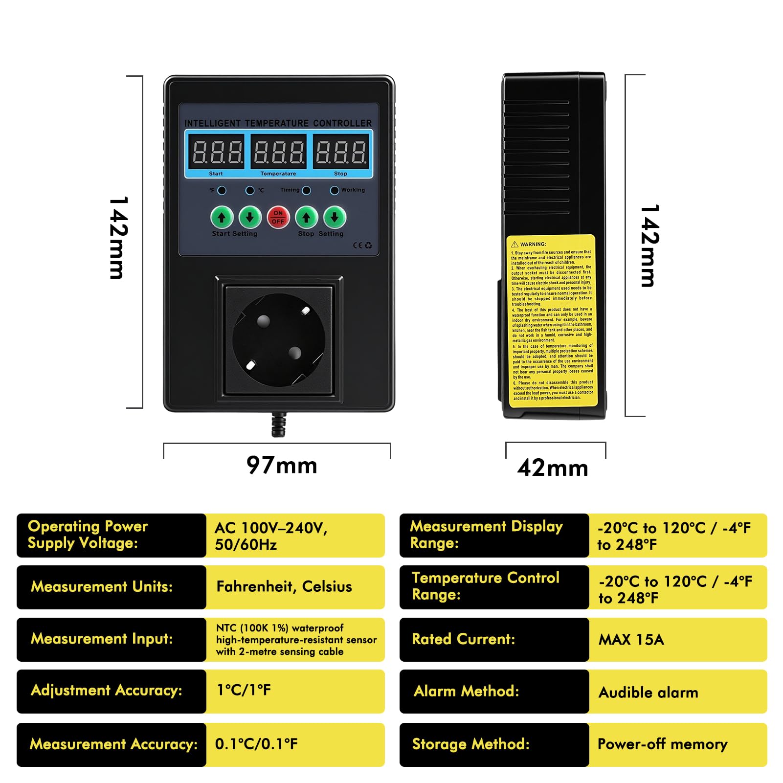 Enchufe termostato Digital 230V regulador de Temperatura 15A 1500W Enchufe termostato con sonda Modos de calefacción y refrigeración Temperature Controller pour Serre Aquarium Reptile