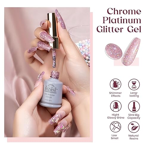 Miniatura 5 de MIZHSE Esmalte de uñas de gel con purpurina rosa, 0.4 onzas líquidas, esmalte de gel brillante con diamante UV LED para remojar para salón de uñas,