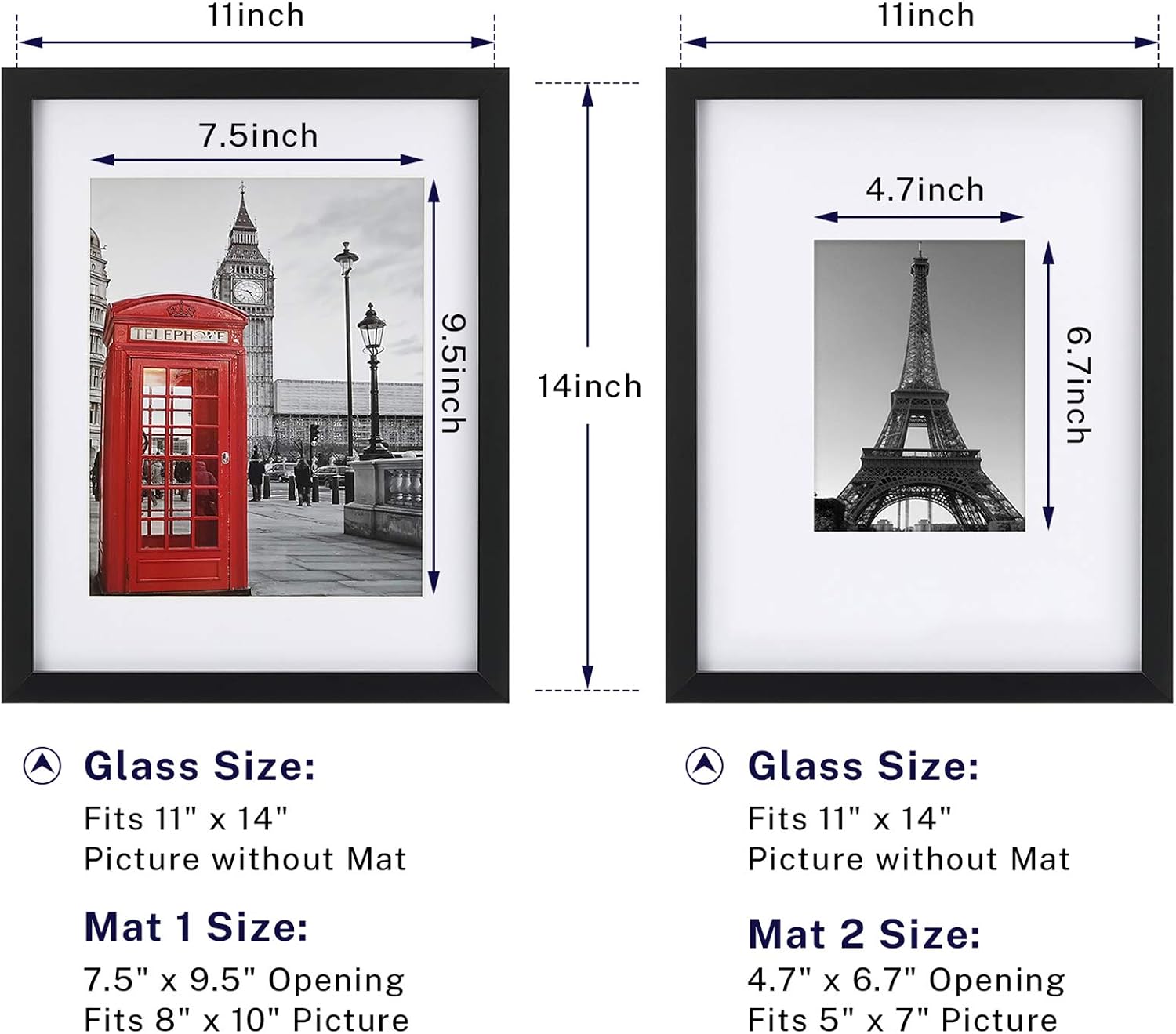 ONE WALL Tempered Glass 11x14 Picture Frames Display Pictures 8x10 or 5x7 with Mat or 11x14 Without Mat, Black Solid Wood Photo Frames for Wall and Tabletop - Mounting Hardware Included