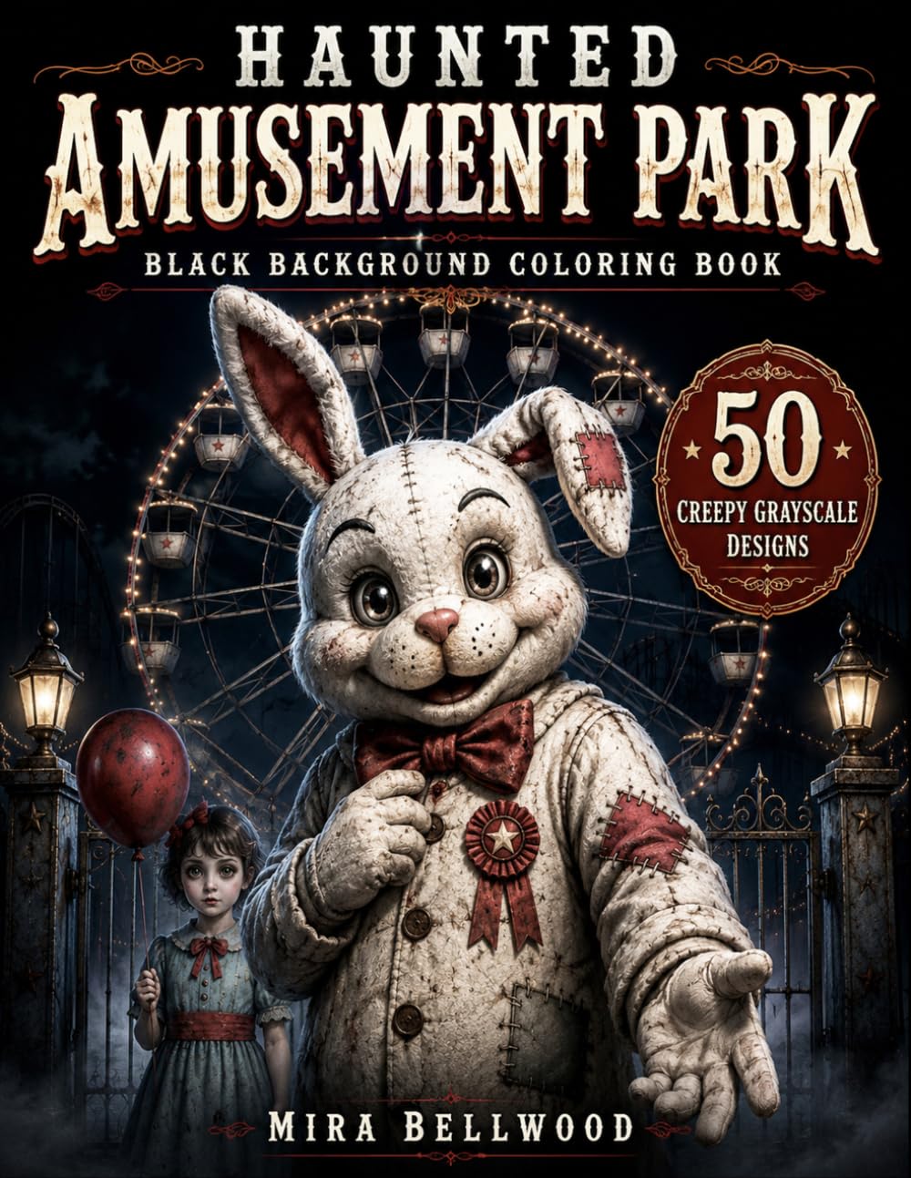 HAUNTED AMUSEMENT PARK BLACK BACKGROUND COLORING BOOK: Creepy Carnival & Mascot Horror Grayscale Coloring Book for Adults with Haunted Rides, Eerie Children and Abandoned Attractions