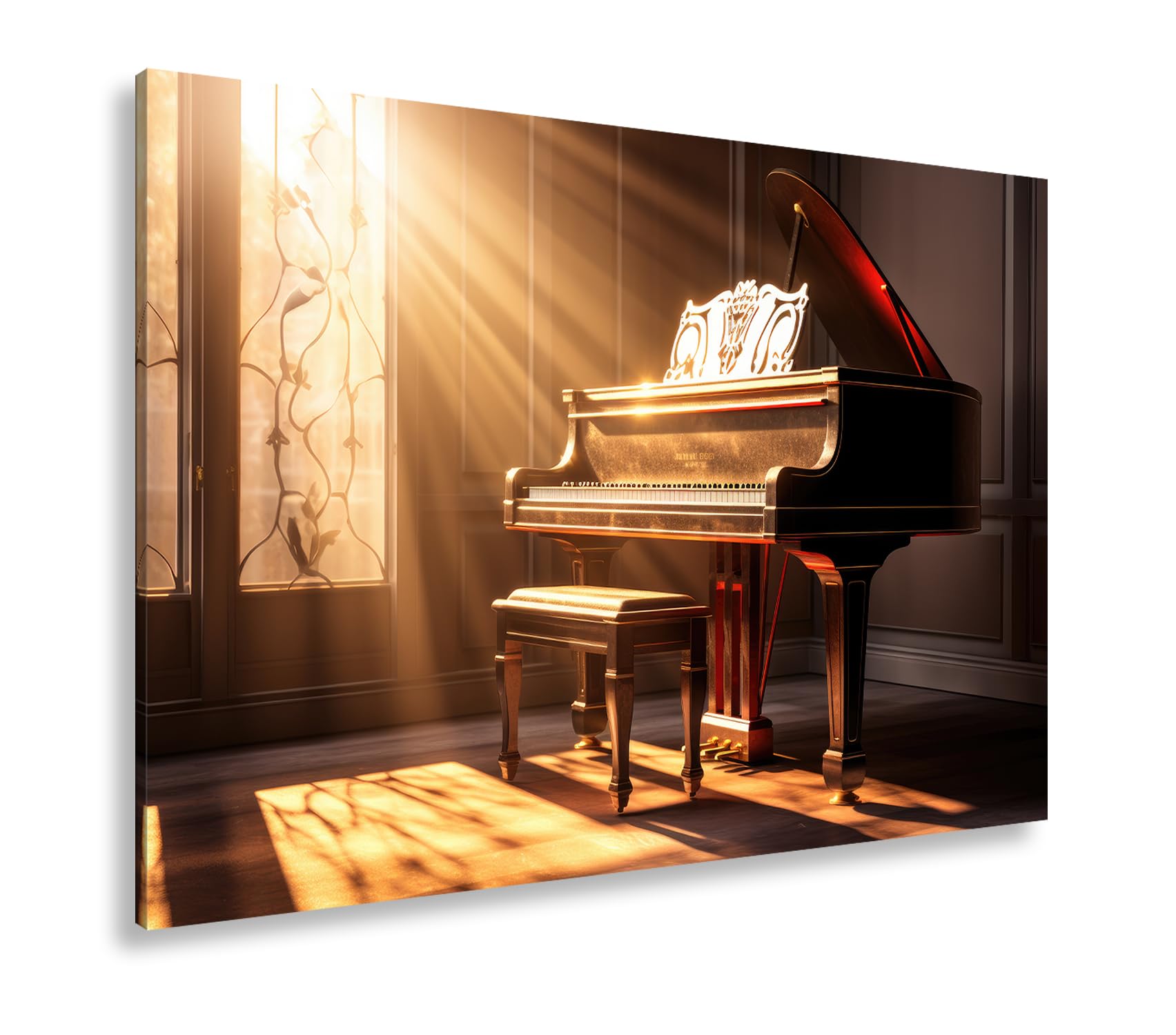 deyoli Leinwandbild Sonnenküsse auf Tasten – ein Klavier im goldenen Morgen. Format: 100x70cm XXL Kunstdruck Bild auf Keilrahmen/Wandbild/Wohnzimmer Dekoration