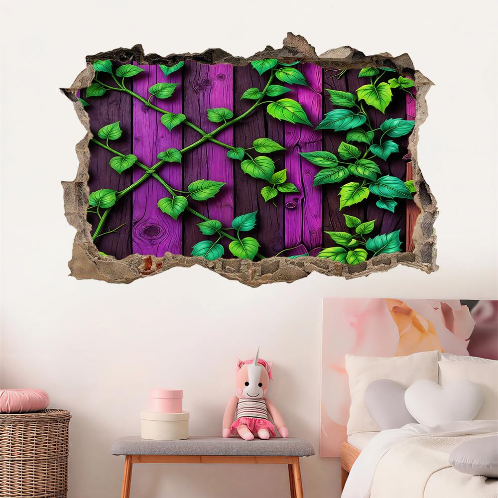 3D Wandtattoos Durchbruch Wandbild Grüne Ranken Kinderzimmer Aufkleber Wandaufkleber Lila Streifen Wandsticker für Kinderzimmer Junge Zimmer Wohnzimmer Schlafzimmer