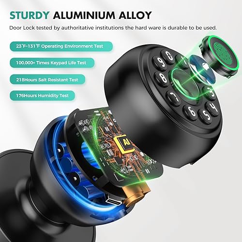 Miniatura 3 de Perilla de puerta inteligente con entrada de huellas dactilares y teclado, cerradura de puerta biométrica controlada por aplicación, entrada sin