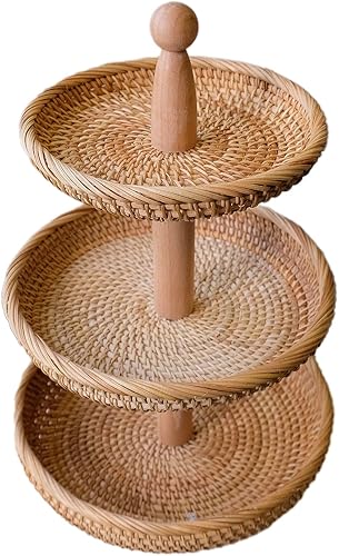 Miniatura 2 de LiLaCraft Bandejas de mimbre de ratán de 3 niveles, soportes rústicos escalonados para picnic, cocina, soportes para servir para almacenamiento de
