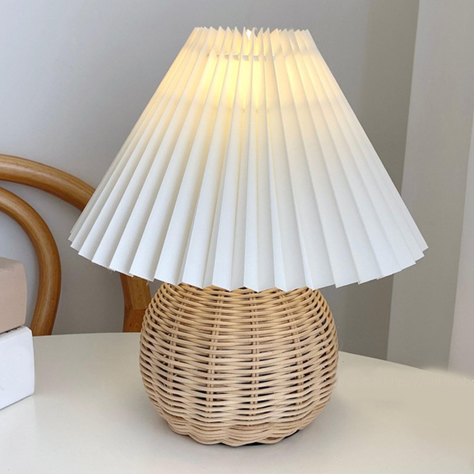 Beufee Table Lamps for Living Room 24×28cm Retro Lamp Small Pleated Table Lamp Rattan Metal Base Modern Bedside Nightstand Lamp with Beige Lampshade - Image 3