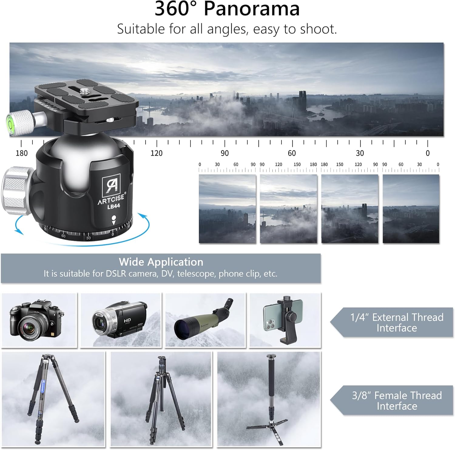 Low Profile Ball Head Tripod Head ARTCISE LB44 All Metal CNC Ball Head Camera Mount with Two Arca Quick Release Plates for Tripod, Monopod, DSLR, Max Load 55lbs/25kg LB44-44mm