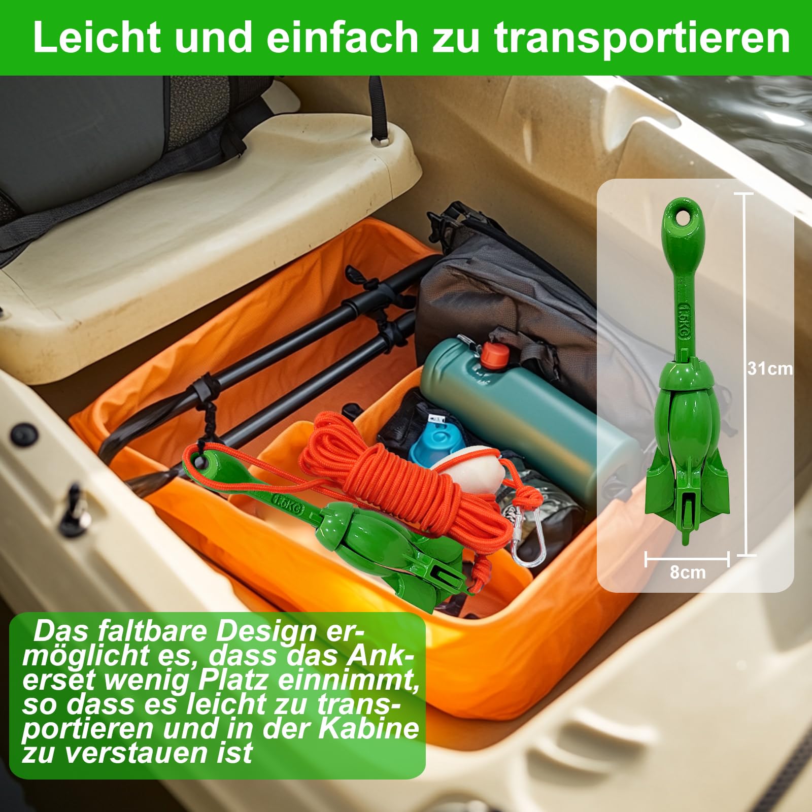 BeGrit Verzinkt Anker Gusseisen Faltanker 1,5KG Ankerset Blau mit Ø 6mm 10 Meter Ankerleine Für Boot SUP Paddle