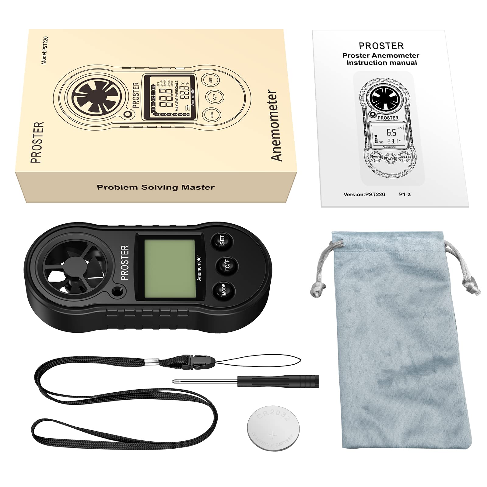 Proster Anémomètre Portable Numérique 5 Unités Écran LCD Anemometre sans Fil Mesure de Vitesse Température Vent pour Planche à Voile Randonnée Météorologie Marine Activités de Plein Air